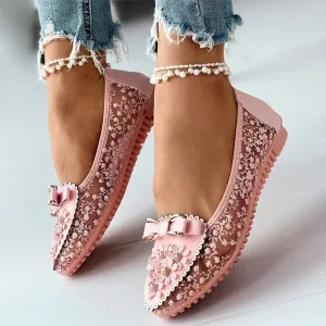 Non-slip Summer Floral Embroidery Bowknot Loafer Shoes