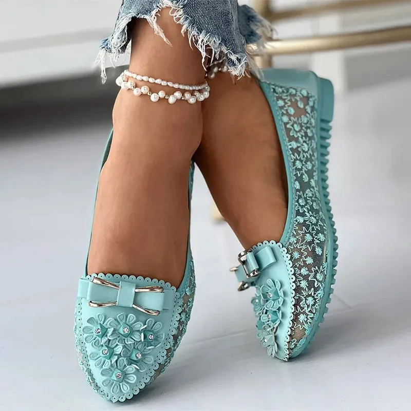 Non-slip Summer Floral Embroidery Bowknot Loafer Shoes