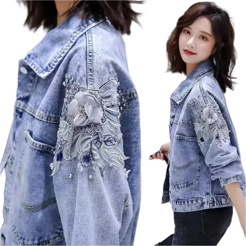 Small Embroidered Short Outerwear Denim with Beads & Pearls  Jacket  Jean Coat