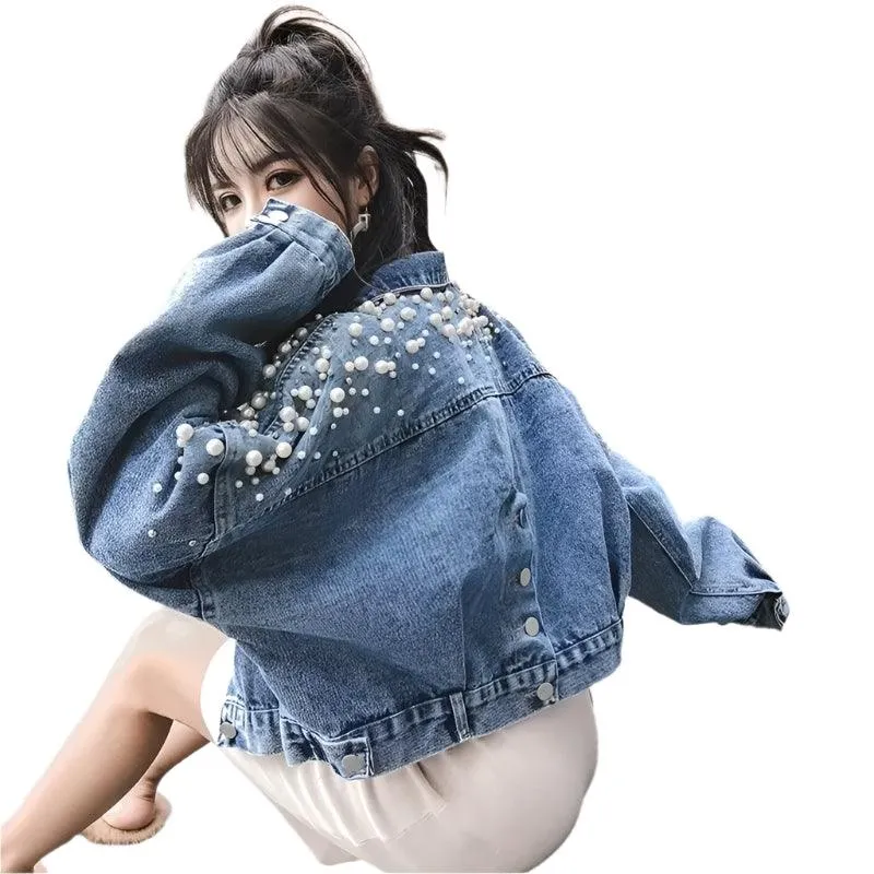 Small Embroidered Short Outerwear Denim with Beads & Pearls  Jacket  Jean Coat