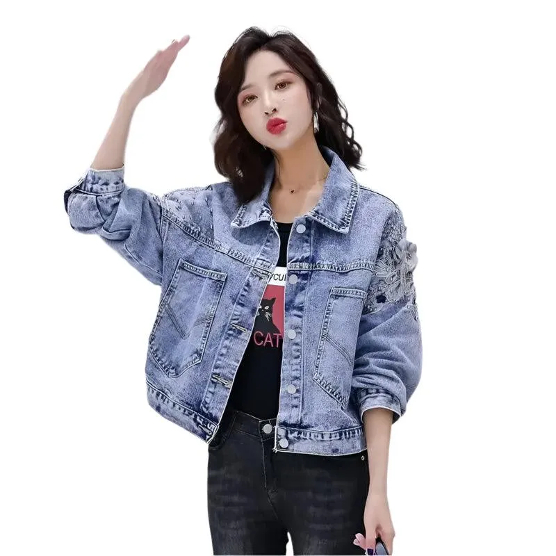 Small Embroidered Short Outerwear Denim with Beads & Pearls  Jacket  Jean Coat