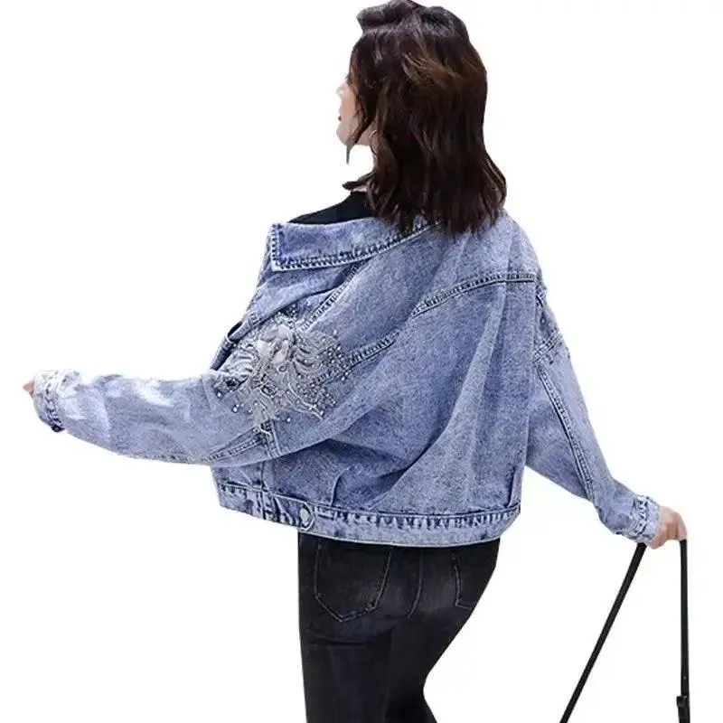 Small Embroidered Short Outerwear Denim with Beads & Pearls  Jacket  Jean Coat