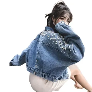 Small Embroidered Short Outerwear Denim with Beads & Pearls  Jacket  Jean Coat