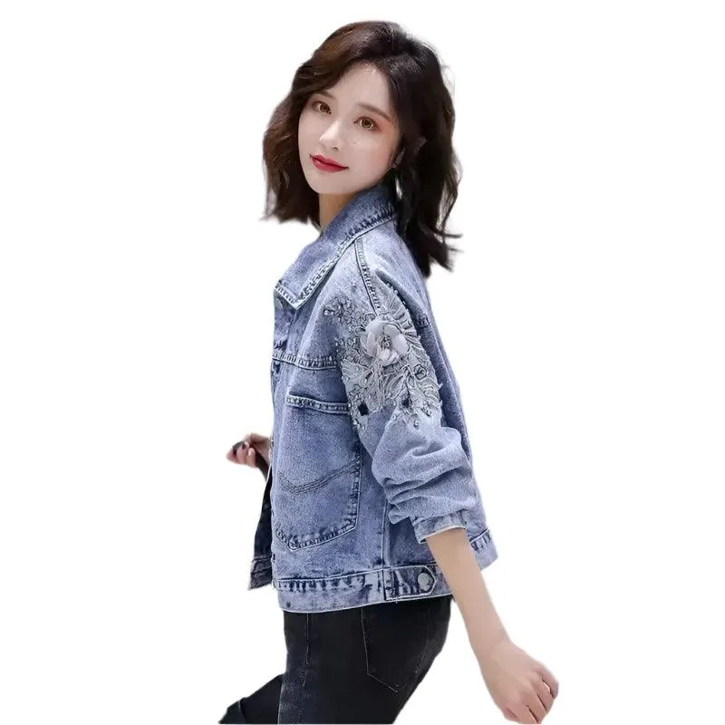 Small Embroidered Short Outerwear Denim with Beads & Pearls  Jacket  Jean Coat