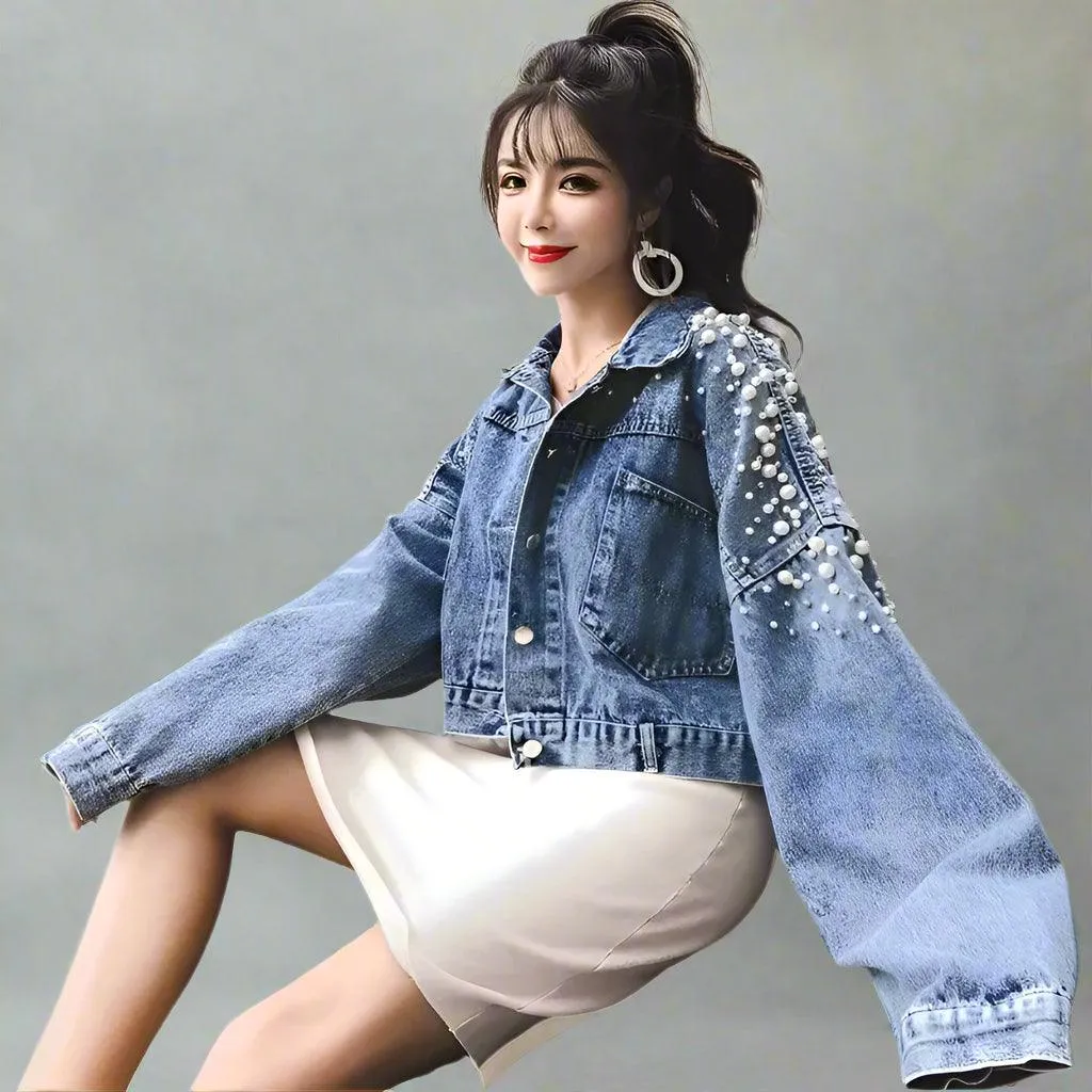 Small Embroidered Short Outerwear Denim with Beads & Pearls  Jacket  Jean Coat