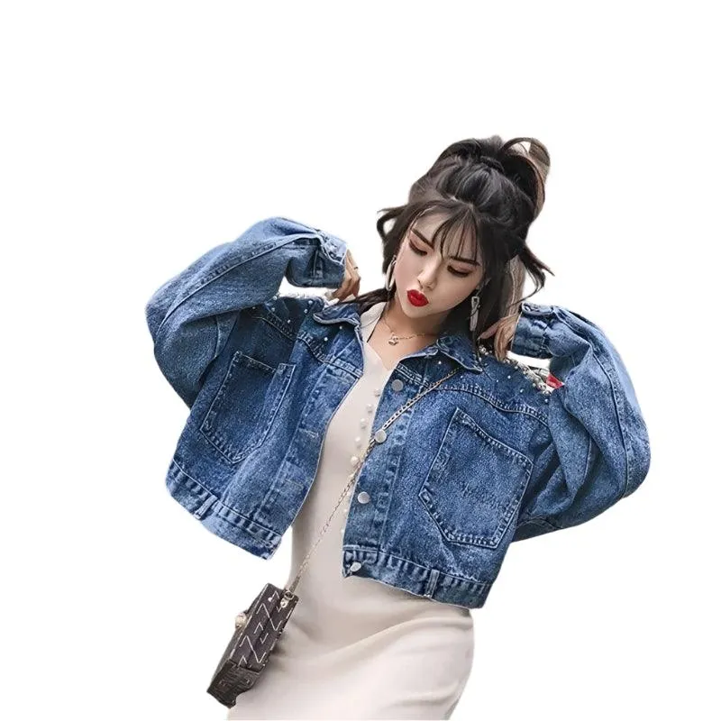 Small Embroidered Short Outerwear Denim with Beads & Pearls  Jacket  Jean Coat