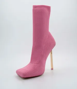 Souffle Pink Knit Stiletto Heel Sock Ankle Boot