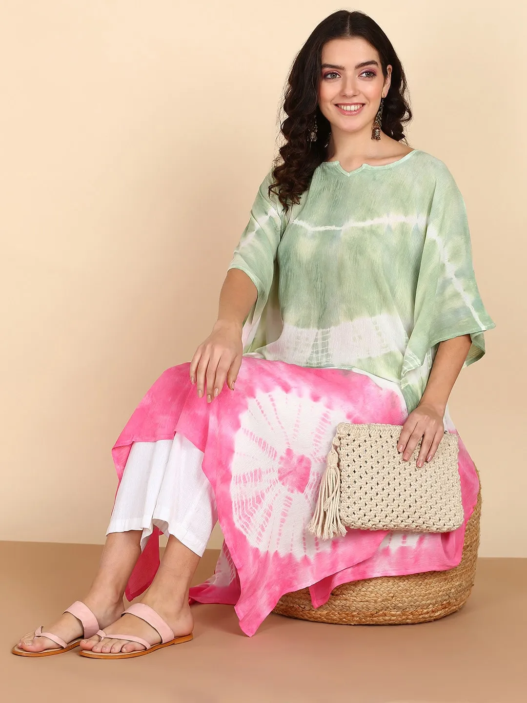 Women Tie Dyed Crepe Kaftan Kurta