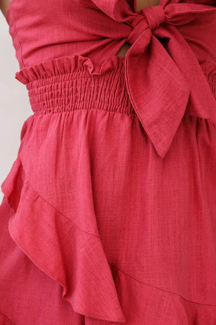 You Got It Tie-Knot Bust Ruffle Romper Rose